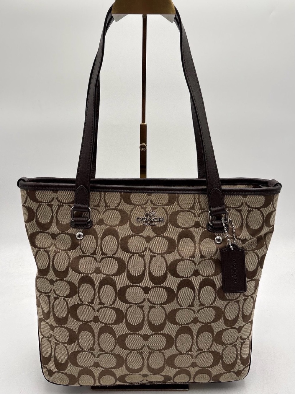 Coach Brown Khaki Signature Canvas Tote with Dark Brown Leather Trim